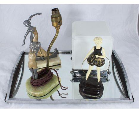 Various Art Deco collectables including two figures, a figural lamp, opaque white glass lamp fitting and a two-handled tray 