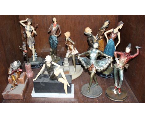 SECTION 47.  An Art Deco Chiparus 'style' seated clown playing a mandolin on marbled base, together with 9 other Art Deco fig