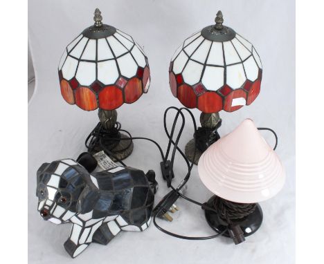 Three modern lead-glazed coloured glass lamps and a 1930s black and pink glass table lamp with conical shade (4) 