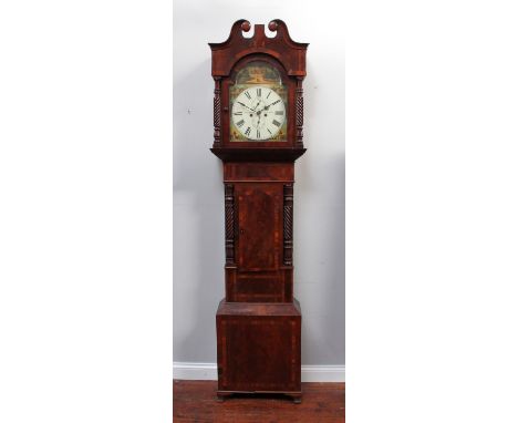 An early 19th century North Country nicely figured mahogany eight-day longcase clock with swan-neck pediment, painted face, R