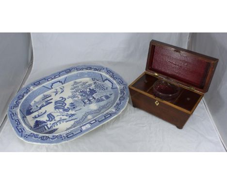 A 19th century mahogany tea caddy of sarcophagus form with two compartments and glass mixing bowl, together with a large Will