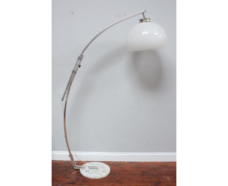 An Art Deco chromium plated arched floor lamp with opaque glass shade, on circular white marble base, 180cm tall, together wi