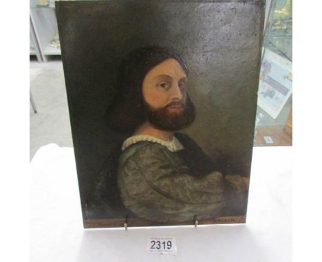 An unframed oil on board portrait of a bearded gentleman entitled 'Titianus' and signed A Bloom, 1915.