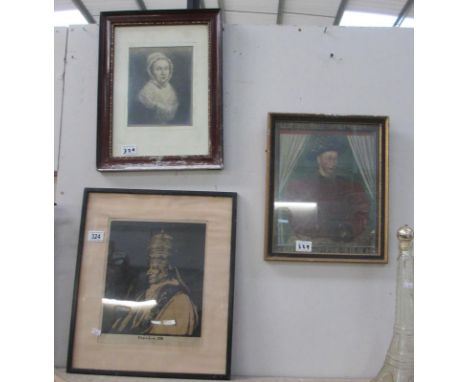 Early print 'Mary Jones' after painting by Wm Cave 1772, an early woodcut portrait of Pope Leo XIII and a print portrait of K