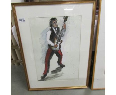 An early 1960's framed and glazed watercolour of Bill Wyman (Rolling Stones) playing bass guitar by D R Adamson, signed Adams