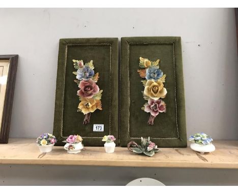 Painted bisque flowers on felt wall mounts and floral posy ornaments