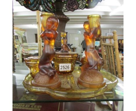 An art deco slag glass trinket set.