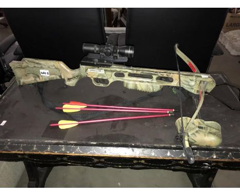 A Jaguar crossbow with sights &amp; 3 red/yellow bolts
