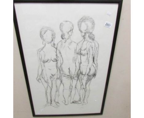 A modernist charcoal abstract of 3 female nudes signed M R Bratt.