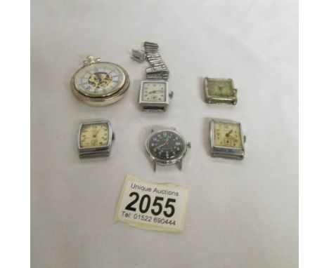 4 'Deco' watch heads, a Timex watch head and a contemporary pocket watch.