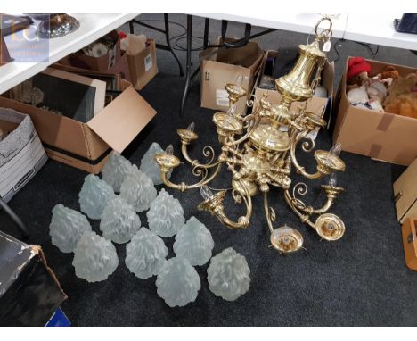LARGE HEAVY BRASS CHANDELIER WITH 12 LIGHTS AND FLAME EFFECT SHADES (SOME SHADES DAMAGED) 