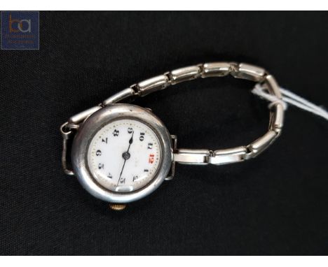 SILVER WRIST WATCH WITH EXPANDING BRACELET, ENAMEL FACE 