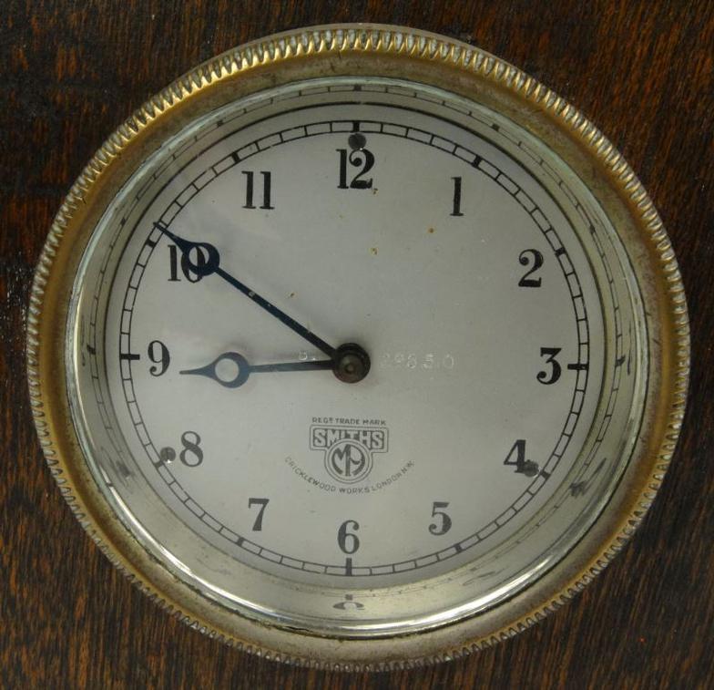 Smiths Cricklewood Works London car clock with oak surround, the clock ...