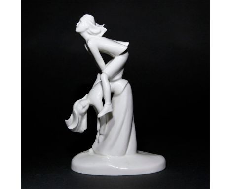 Glazed white porcelain, a stylized model of a schoolgirl playing leapfrog with her mother.&nbsp;Stamped to base ROYAL DOULTON