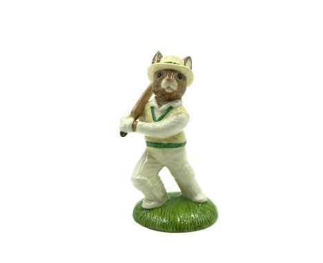 Bunny playing Cricket with bat.Hand painted in white, pale yellow and green. Artist: Denise Andrews and Amanda Hughes-LubeckI
