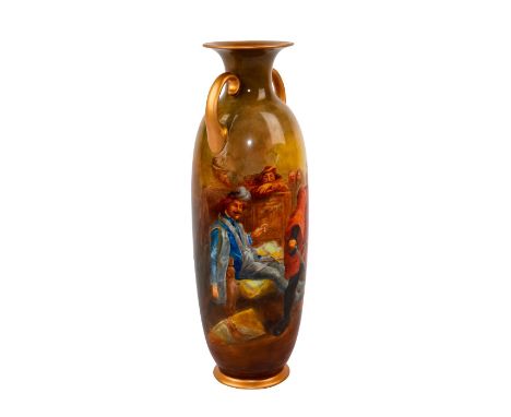 Caramel ground with gilt depicting Falstaff, Shakespeare Henry IVLarge Ceramic vase with twin handles, signed by Walter Nunn.