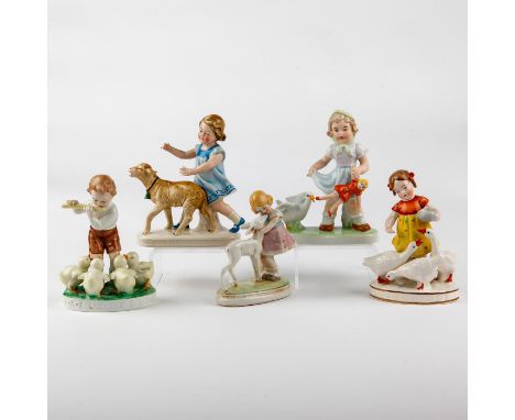 Hand painted figurines of children with animals.Figurine of a girl with red hair ribbions feeding three white geese. Neutetta