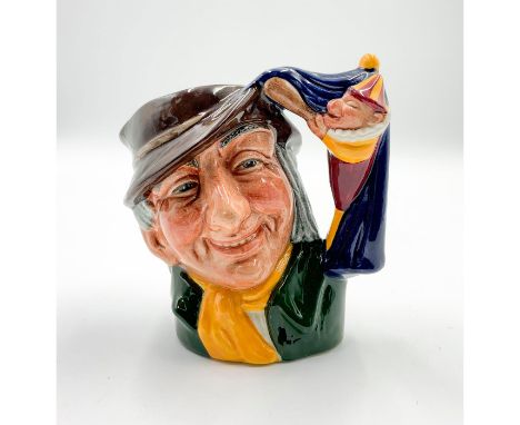 Smiling man wearing brown hat; green coat; yellow scarf.This small jug is based on a 17th century puppet show duo from Englan