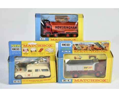 Matchbox King Size Series (gelb/blaue OVP), K-1 Foden Hoveringham Tipper, K-4 Leyland Tipper Truck, ("LE"), K-6 Mercedes Benz