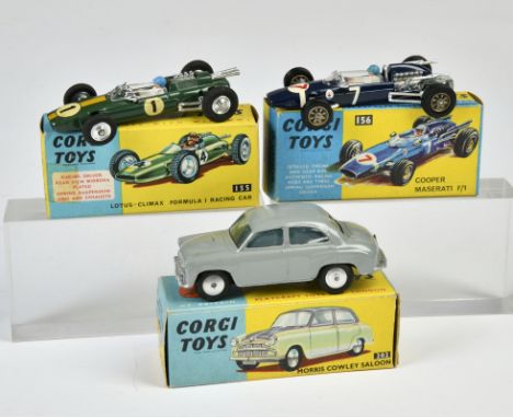 Corgi Toys, 155 Lotus Climax Formula Racing Car, grün, 156 Maserati F/1, blau, 202 Morris Cowley Saloon, grau, Okt Z 2, Z 2