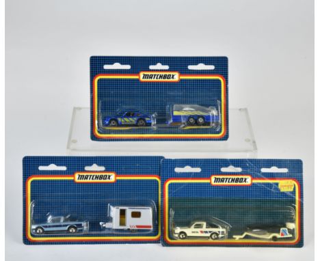 Matchbox, Blisterpackungen, BLAU, Two Packs, 2x BMW 323i Cabriolet, (1x hellblau mit Wohnwagen (silbergrau), 1x weiß mit Anhä