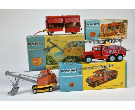 Corgi Toys, 1121 Chipperfields Circus Crane Truck, 1123 Chipperfields Circus Animal Cage, 1128 Priestman Club Shovel Bagger, 