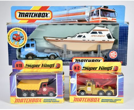 Matchbox SuperKings, 1970/71, OVP, blaue Nr in rotem Kreis, K-19 Scammel Tipper Truck, rot, gelber Kipper, K 129 Mercedes Ben