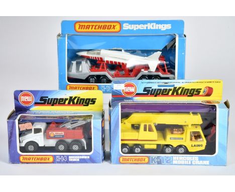 Matchbox SuperKings 1973/75, K-12 Hercules Mobile Crane, ("LAING"), K-13 Aircraft Transporter, K-14 Shell Recovery Breakdown 