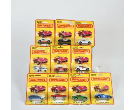Matchbox, Blisterpackungen 1-75, 2 S2 Jet, "VIPER", 2x 3 Porsche Turbo, rot Nr. 90 + grün, 8 DeTomaso Pantera, 9 Fiat Abarth 