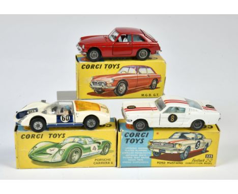 Corgi Toys, 325 Ford Mustang Fastback 2+2, Nr. 8, rote Streifen, 327 M.G.B.G.T., 330 Porsche Carrera 6 Nr. 60, Okt Z 2-3, Z 2