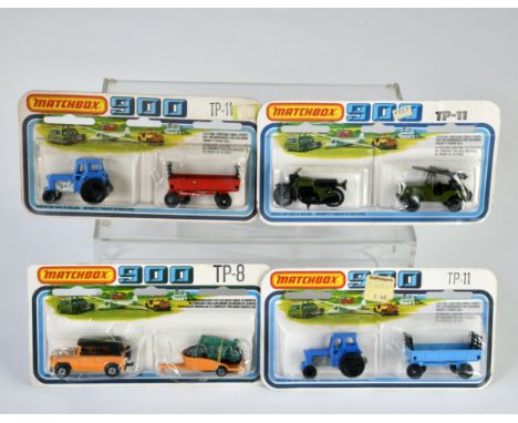 Matchbox, Blisterpackungen, Serie 900, TP-8 Fieldcar, orange + Motorcycle Trailer (ohne Aufkleber, Honda, grün), 2x TP-11 For