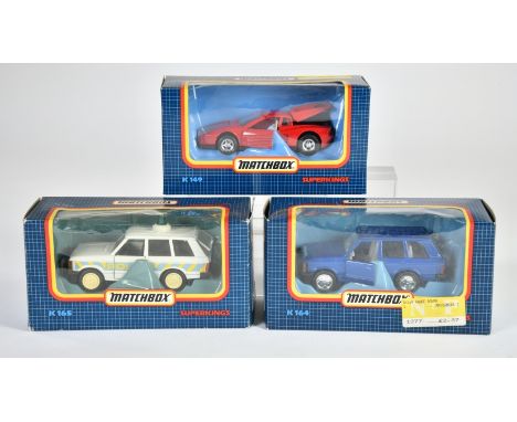 Matchbox, SuperKings, OVP dunkelblau/kariert, 1988, K 149 Ferrari Testarossa, rot, K 164 Range Rover, blau, K 165 Range Rover