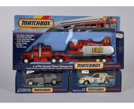Matchbox, SuperKings, OVP gelb/rot/blau, 1990, K-95 Audi Quattro, Audi Sport weiß, Nr. 10, K 112 Peterbilt Articulated Fire S