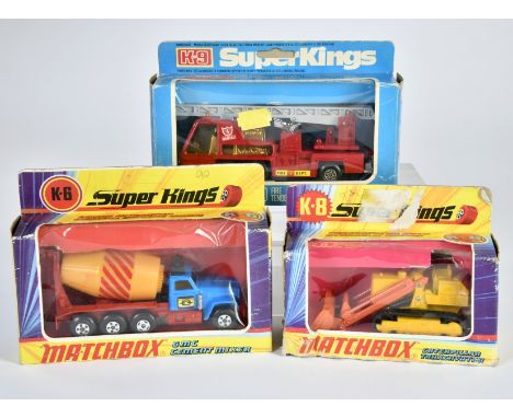 Matchbox SuperKings, 1970/71, OVP, blaue Nr in rotem Kreis, K-6 GMC Cement Mixer, blau, rot, gelbe Trommel, K-8 Caterpillar T