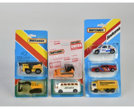 Matchbox, Serie Superfast (1972), 32 Excavator, 42 Mobile Crane, REYNOLDS, 65 Airport Coach, Alitalia, MB 861 3er Set, 64 Cat