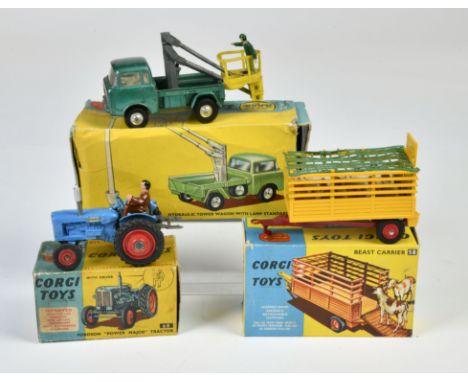 Corgi Toys, GS 14 Hydraulic Turmwagen, mit Straßenlampe (Figur dabei), 58 Tierträger, 60 Fordson Power Major Traktor, Okt Z 2