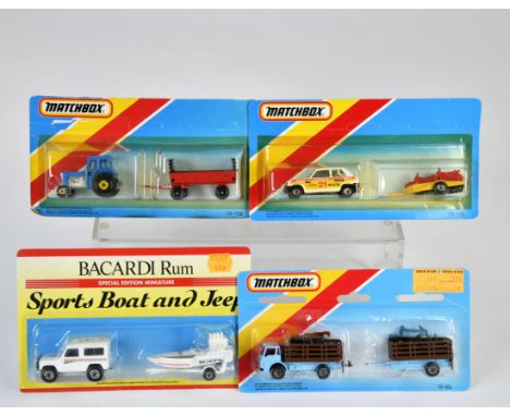 Matchbox, Blisterpackungen, BLAU, Two Packs, Set Baccardi Sport Boat &amp; Jeep, TP-103 Cattle Truck &amp; Trailer blau und b