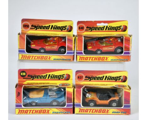 Matchbox, Speed Kings, K-36 Bandolero (blau, Scheibe gelb), K-37 Sand Cat (orange), 2x K-40 Blaze Trailer (1x innen hellgelb 