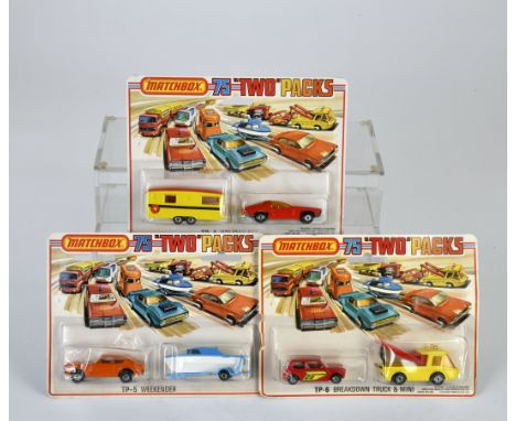 Matchbox, Blisterpackungen, Two Packs, TP-4 Vauxhall Guilsman (rot) &amp; Caravan gelb/rotes Dach, Blume, Rückseite anders, T