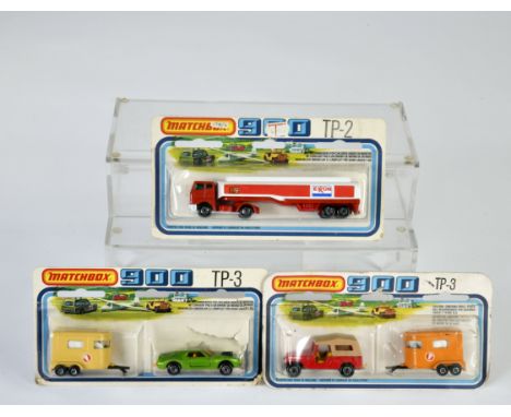 Matchbox, Blisterpackungen, Serie 900, TP-2 Tanklaster Exxon, TP-3 Jeep + Pony Trailer, orange, TP-3 Green AMX Javelin + Pony