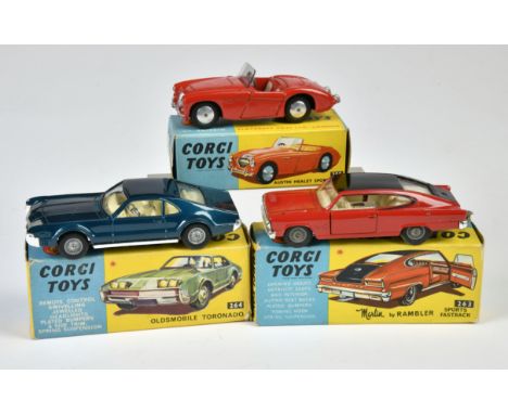 Corgi Toys, 263 Marlin By Rambler Sports Fastback, Beipackzettel, 264 Oldsmobile Toronado, 300 Austin Healey Sports Car, Okt 