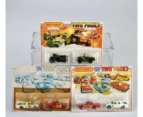 Matchbox, Blisterpackungen, Two Packs, 2x TP-10 Fire Chief &amp; Ambulance, Scheibe gelb, Blister verblasst, Rundumleuchte bl