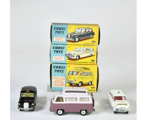 Corgi Toys, 418 Austin Taxi, 419 Ford Zephyr Motorway Patrol, weiß, 420 Ford Thames ´Airborne´ Caravan, Okt Z 2, Z 2