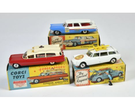 Corgi Toys, 437 Cadillac Superior Ambulance, 443 Plymouth U.S. Mail, 475 Citroen Safari Olympic Winter Sports 1964, mit Skier