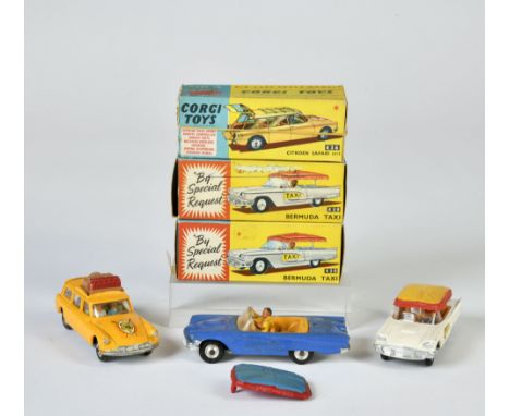 Corgi Toys, 430 Ford Bermuda Taxi, weiß, 430 Ford Bermuda Taxi, blau, 436 Citroen Safari, Schiebebild auf der Motorhaube fehl