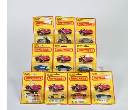 Matchbox, Blisterpackungen 1-75, 2x 50 Harley Davidson, (1x mit / 1x ohne Fahrer), 52 BMW M 1, 55 Ford Cortina, 62 Chevy Corv