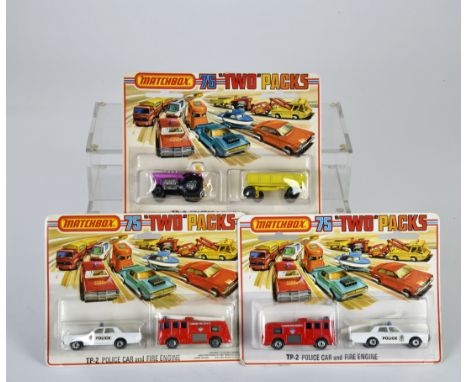 Matchbox, Blisterpackungen, Two Packs, 2x TP-2 Police Car weiß/blaue Leuchten &amp; Fire Engine London (1x Rückseite anders),