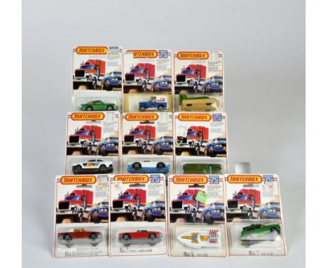 Matchbox, Blisterpackungen, Serie 75 Canada, Dodge Challanger, Hovercraft, Porsche Turbo, Mercedes Military Ambulance, Seafir