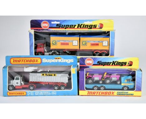 Matchbox SuperKings 1973/75, K-17 Scrammell Crusader Container Truck, Gentransport, Container orange, K-18 Ford LTS Articulat