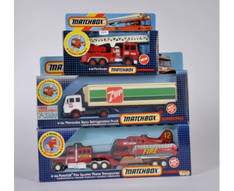 Matchbox, SuperKings, OVP gelb/rot/blau, 1990, K 124 Mercedes Benz Refrigeration Truck, weiß/beige, Werbung 7up, K 132 Fire T